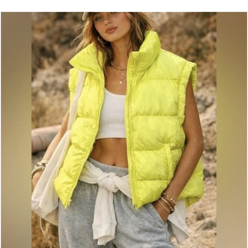 Free People Movement Oversized Vest In the Bubble Neon Yellow Puffer Vest XS